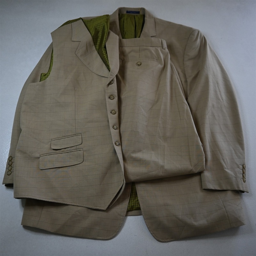NEW Michael Irvin 48L 38x32 Tan Brown Plaid 3 Piece Vest Mens Jacket Pants‎ Suit